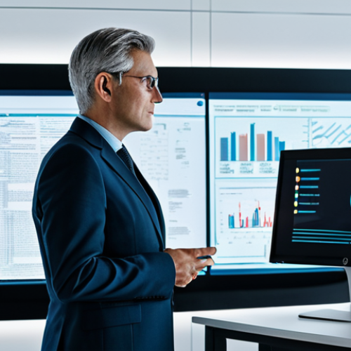 Home 11 A professional HR manager, wearing a modest business suit, in a dynamic office space that visually contrasts traditional HR methods with modern AI-driven solutions. On one side, there are classic paper files and an older computer monitor, while the other side features sleek, futuristic interfaces displaying holographic data projections and interconnected digital systems. The manager stands between these two realms, looking towards the innovative technological displays with a focused, visionary expression, fully clothed, appropriate attire, safe for work, perfect anatomy, correct proportions, natural pose, well-formed hands, proper finger count, natural body proportions, professional photography, high quality.