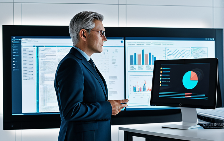 A professional HR manager, wearing a modest business suit, in a dynamic office space that visually contrasts traditional HR methods with modern AI-driven solutions. On one side, there are classic paper files and an older computer monitor, while the other side features sleek, futuristic interfaces displaying holographic data projections and interconnected digital systems. The manager stands between these two realms, looking towards the innovative technological displays with a focused, visionary expression, fully clothed, appropriate attire, safe for work, perfect anatomy, correct proportions, natural pose, well-formed hands, proper finger count, natural body proportions, professional photography, high quality.