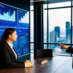 A diverse group of professional business executives, men and women, in modest business attire, gathered around a large, interactive digital display in a sleek, modern corporate boardroom. The digital display shows abstract, illuminated strategic diagrams, growth curves, and global maps, symbolizing future direction and expansion. A large window overlooks a modern city skyline at dusk. The lighting is bright and inspiring. Professional photography, high resolution, soft studio lighting, perfect anatomy, correct proportions, natural pose, well-formed hands, proper finger count, sharp focus, clean composition, safe for work, appropriate content, fully clothed, professional.
