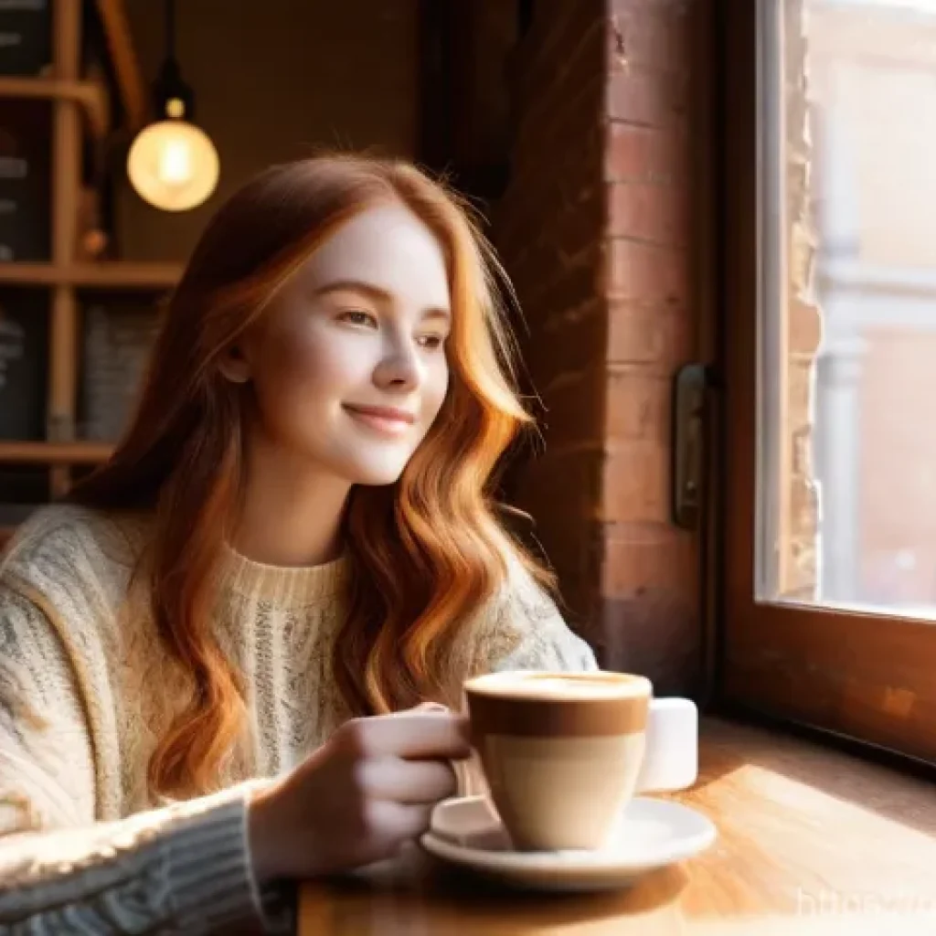 역량 갭 분석의 유용성에 대한 고객 의견 - **Prompt:** A young woman, approximately 20 years old, with long, wavy auburn hair, sits by a sun-dr...