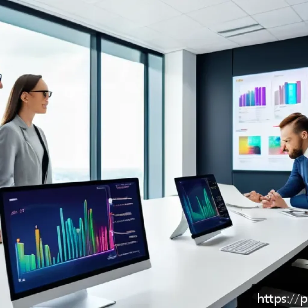 역량 갭 분석을 위한 온라인 플랫폼 - A modern office environment showing a diverse group of professionals collaborating around a large di...