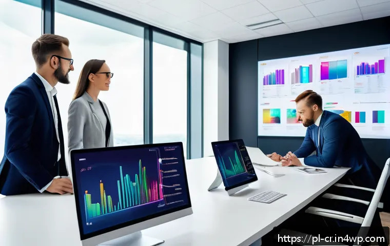 역량 갭 분석을 위한 온라인 플랫폼 - A modern office environment showing a diverse group of professionals collaborating around a large di...