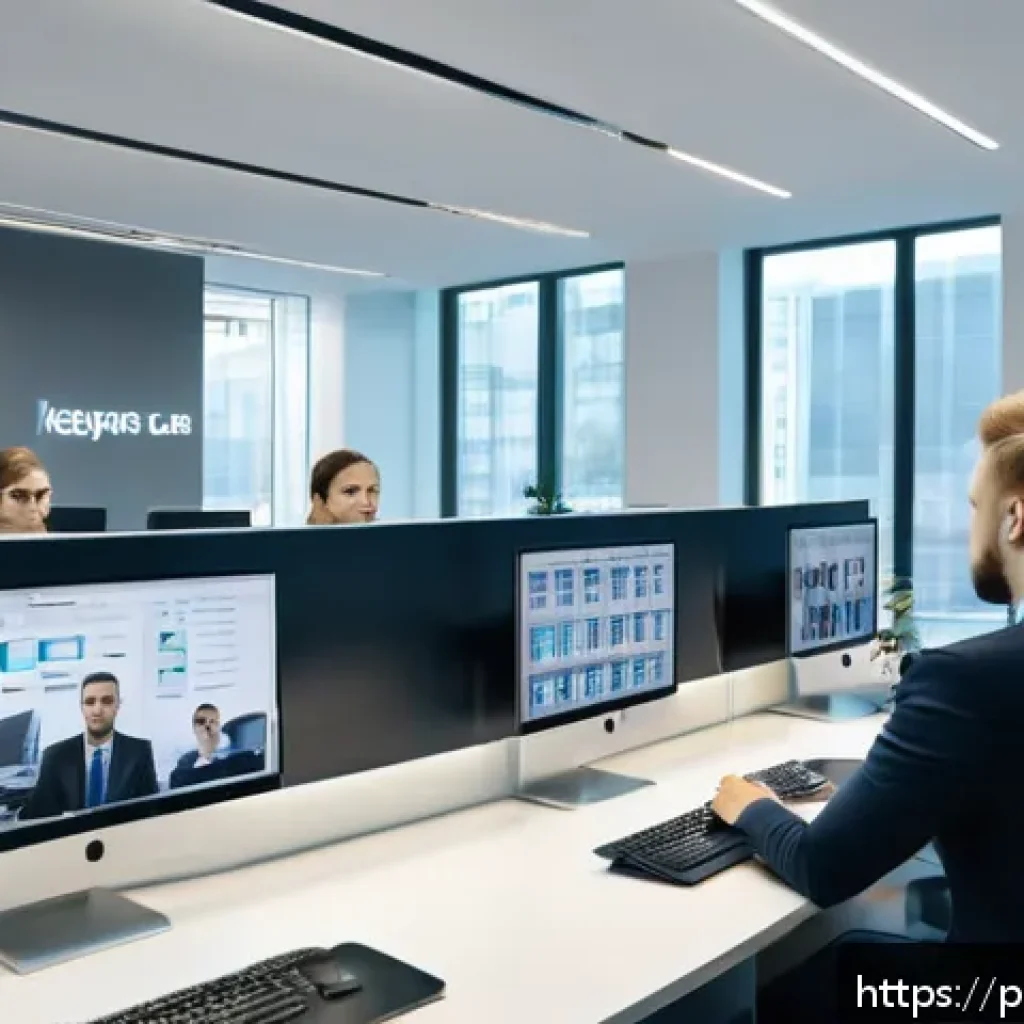 역량 갭 분석에서의 데이터 보안 문제 - A modern corporate office scene showing a diverse group of professional employees working at their d...