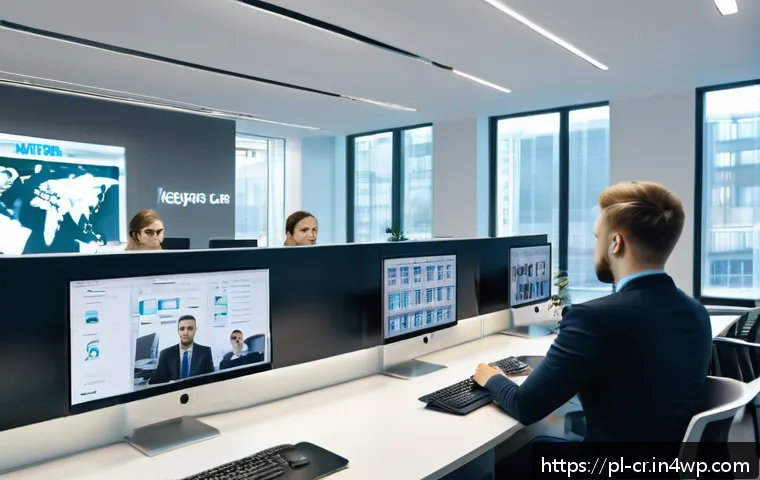 역량 갭 분석에서의 데이터 보안 문제 - A modern corporate office scene showing a diverse group of professional employees working at their d...