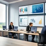 Home 23 역량 갭 분석의 경제적 효과 - A modern Polish corporate office setting with diverse employees collaborating around a digital compe...