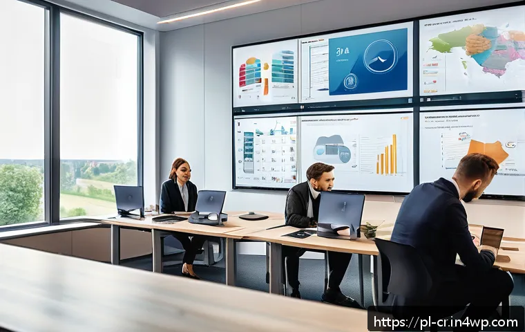역량 갭 분석의 경제적 효과 - A modern Polish corporate office setting with diverse employees collaborating around a digital compe...