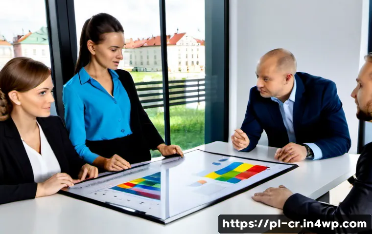 HR에서의 역량 갭 분석 활용 사례 - Photorealistic modern Warsaw office meeting, Polish HR manager and diverse mid-career employees revi...